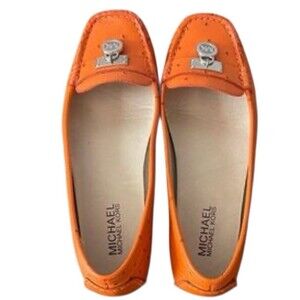 MICHAEL KORS Ostrich Leather Flats Croco Loafers Size 9.5 M Gold Logo Dopamine